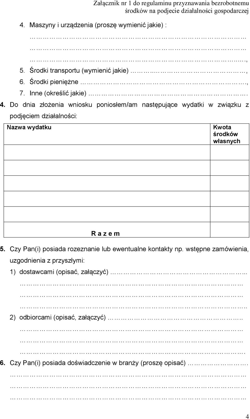 Do dnia złożenia wniosku poniosłem/am następujące wydatki w związku z podjęciem działalności: Nazwa wydatku Kwota środków własnych R