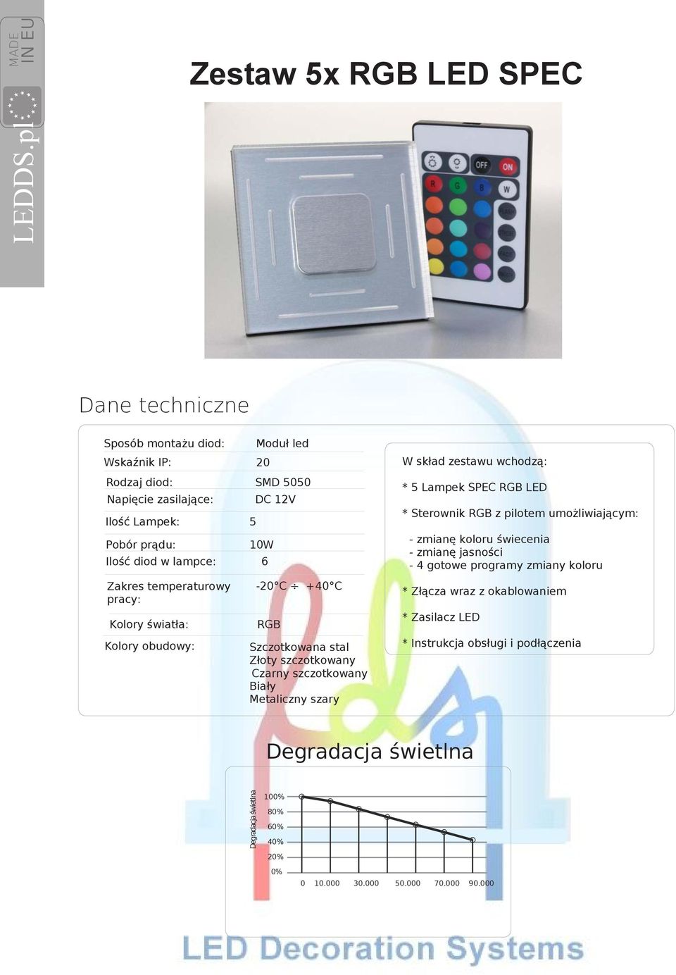 lampce: 6 RGB W skład zestawu wchodzą: * 5 Lampek SPEC RGB LED * Sterownik RGB z pilotem