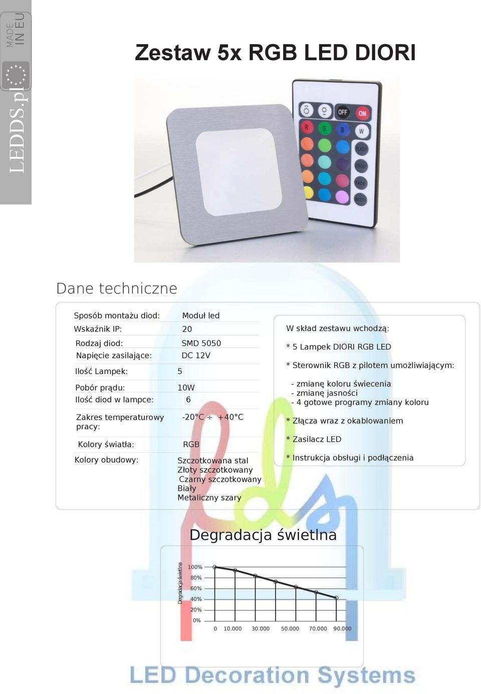 lampce: 6 RGB W skład zestawu wchodzą: * 5 Lampek DIORI RGB LED * Sterownik RGB z pilotem