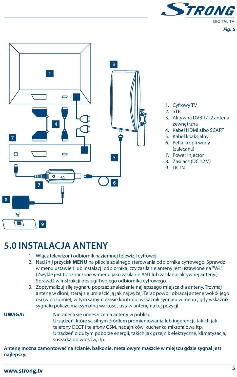 Sprawdź w menu ustawień lub instalacji odbiornika, czy zasilanie anteny jest ustawione na "WŁ". (Zwykle jest to oznaczone w menu jako zasilanie ANT lub zasilanie aktywnej anteny.