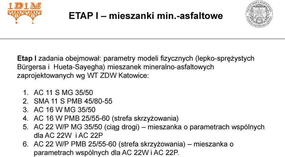 mineralno-asfaltowych zaprojektowanych wg WT ZDW Katowice: 1. AC 11 S MG 35/50 2. SMA 11 S PMB 45/80-55 3. AC 16 W MG 35/50 4.