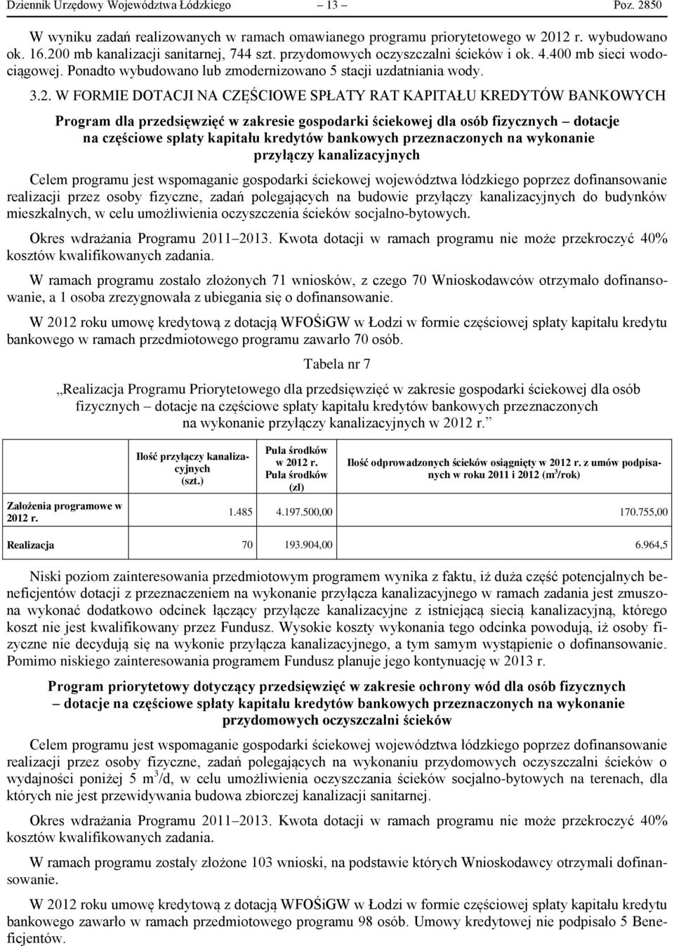 W FORMIE DOTACJI NA CZĘŚCIOWE SPŁATY RAT KAPITAŁU KREDYTÓW BANKOWYCH Program dla przedsięwzięć w zakresie gospodarki ściekowej dla osób fizycznych dotacje na częściowe spłaty kapitału kredytów