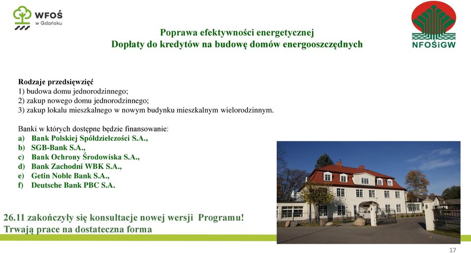 Banki w których dostępne będzie finansowanie: a) Bank Polskiej Spółdzielczości S.A., b) SGB-Bank S.A., c) Bank Ochrony Środowiska S.A., d) Bank Zachodni WBK S.