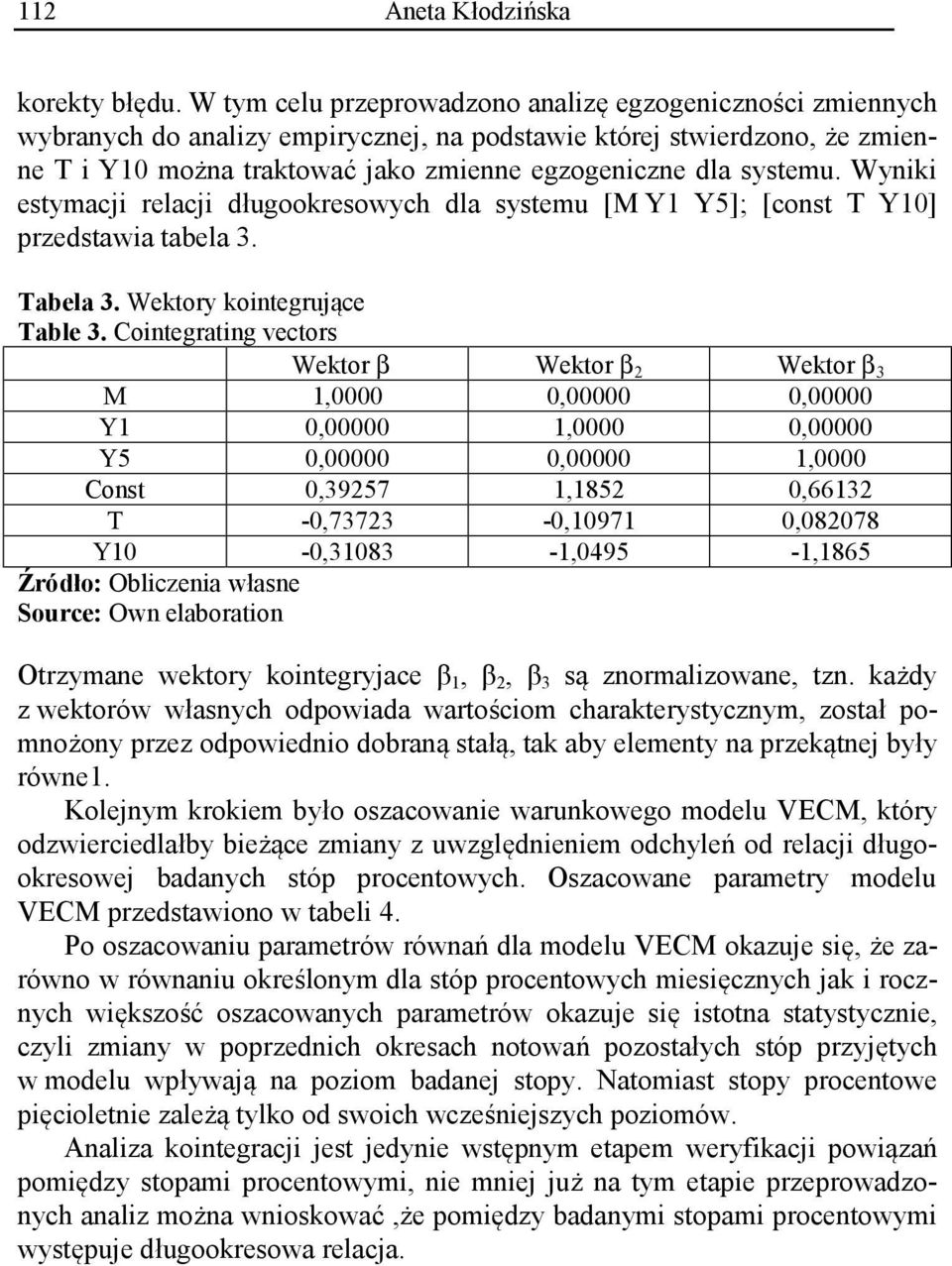 Wyniki estymacji relacji długookresowych dla systemu [M Y1 Y5]; [const T Y10] przedstawia tabela 3. Tabela 3. Wektory kointegrujące Table 3.