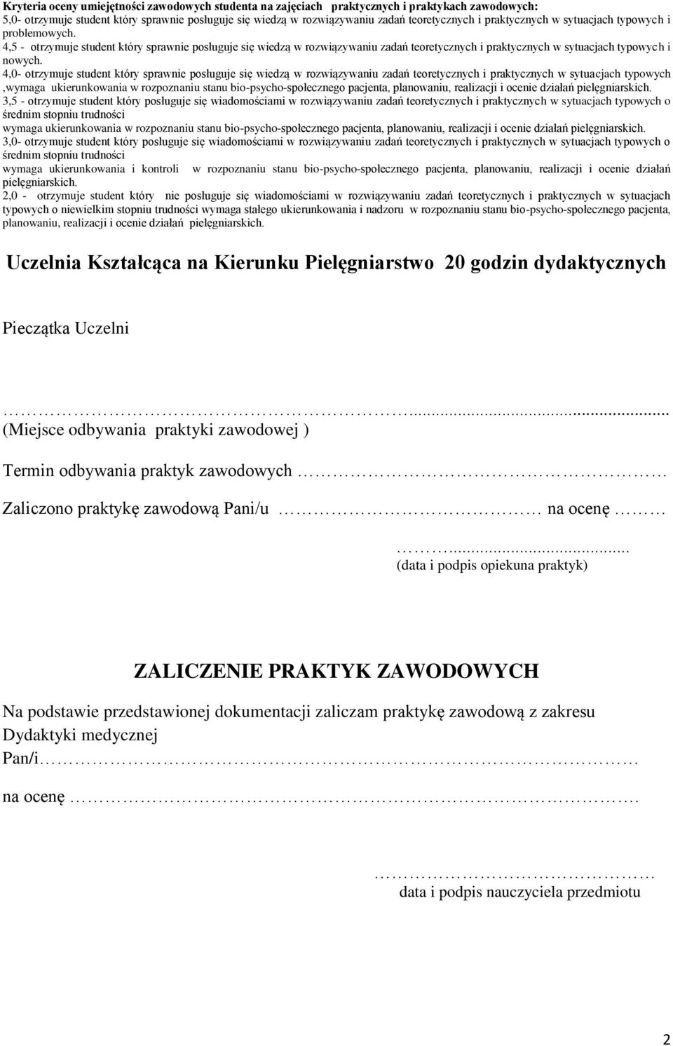 4,0- otrzymuje student który sprawnie posługuje się wiedzą w rozwiązywaniu zadań teoretycznych i praktycznych w sytuacjach typowych,wymaga ukierunkowania w rozpoznaniu stanu bio-psycho-społecznego
