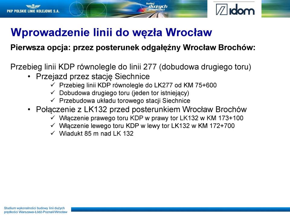 drugiego toru (jeden tor istniejący) Przebudowa układu torowego stacji Siechnice Połączenie z LK132 przed posterunkiem Wrocław