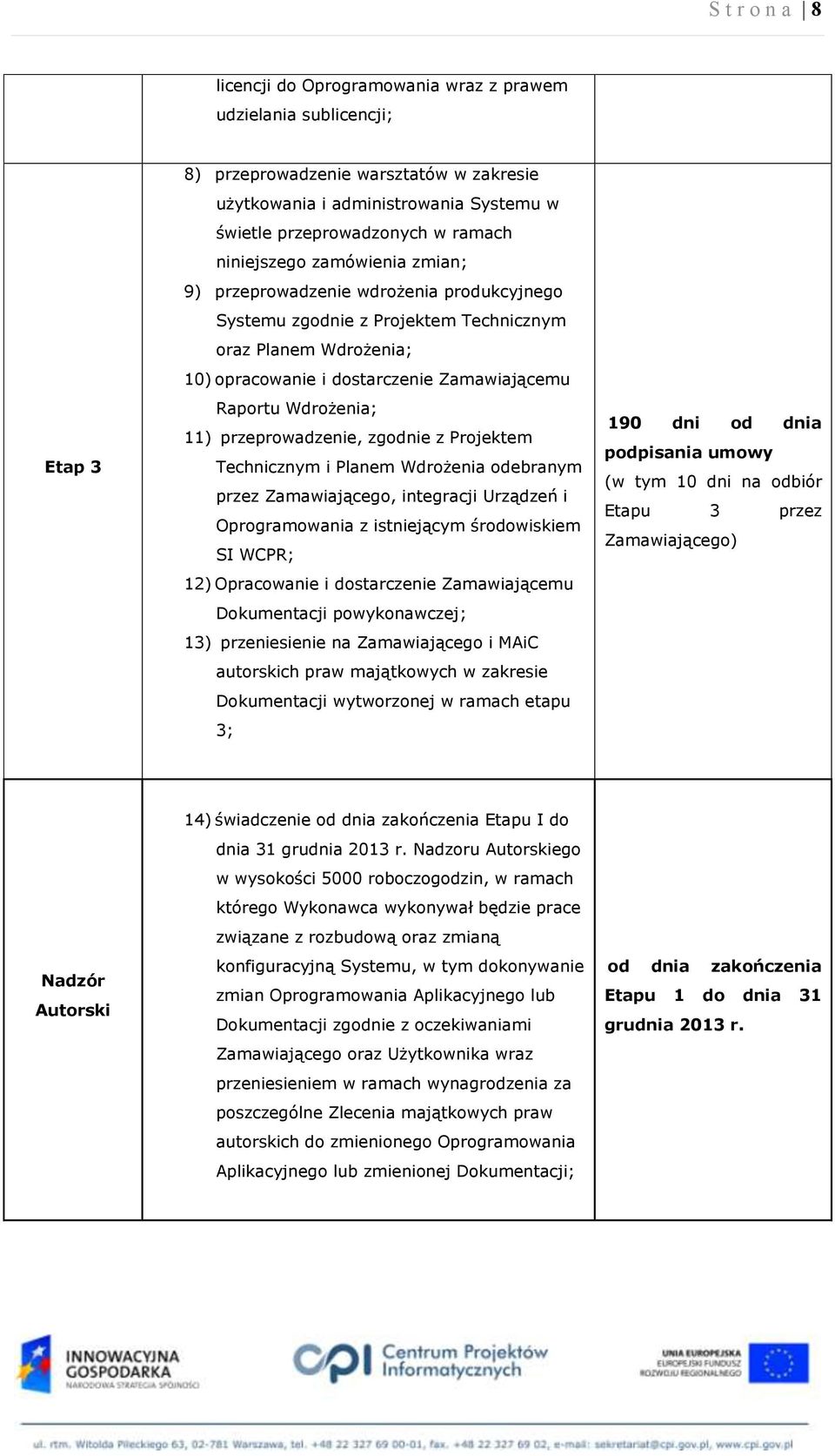 Wdrożenia; 11) przeprowadzenie, zgodnie z Projektem Technicznym i Planem Wdrożenia odebranym przez Zamawiającego, integracji Urządzeń i Oprogramowania z istniejącym środowiskiem SI WCPR; 12)