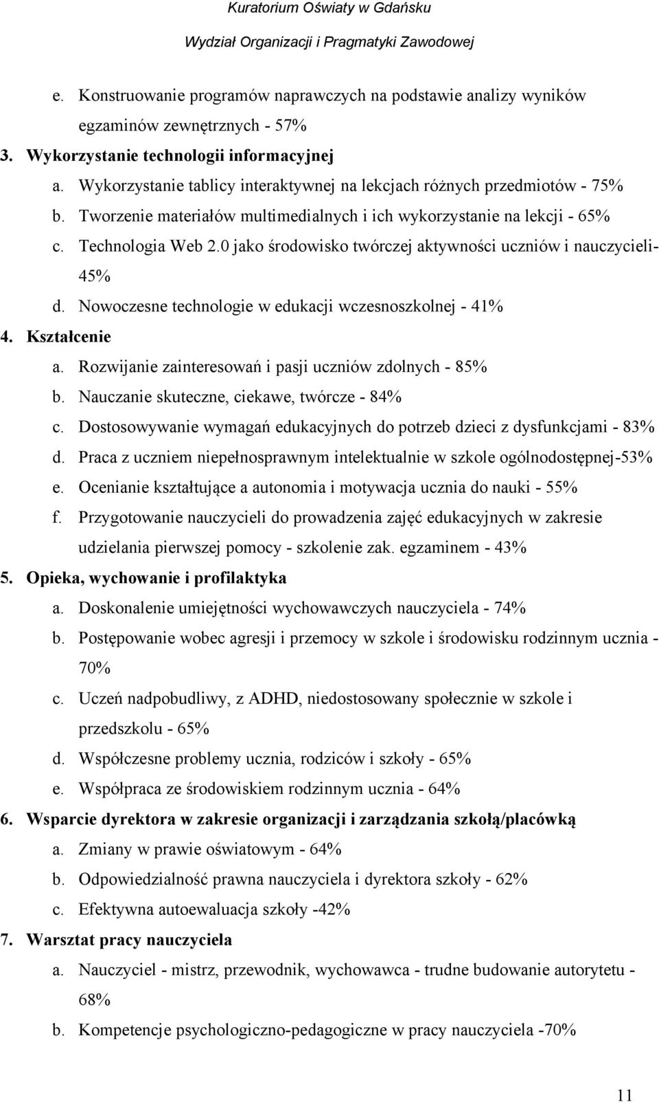 0 jako środowisko twórczej aktywności uczniów i nauczycieli- 45% d. Nowoczesne technologie w edukacji wczesnoszkolnej - 41% 4. Kształcenie a. Rozwijanie zainteresowań i pasji uczniów zdolnych - 85% b.