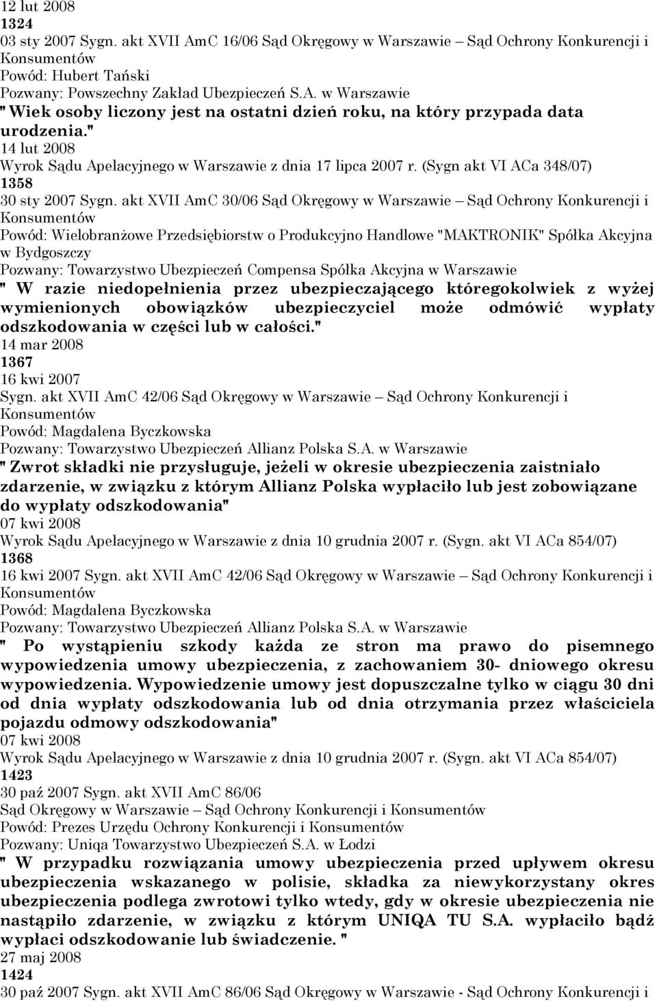 akt XVII AmC 30/06 Sąd Okręgowy w Warszawie Sąd Ochrony Konkurencji i Powód: Wielobranżowe Przedsiębiorstw o Produkcyjno Handlowe "MAKTRONIK" Spółka Akcyjna w Bydgoszczy Pozwany: Towarzystwo