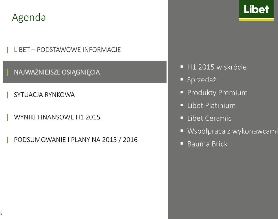 NA 2015 / 2016 H1 2015 w skrócie Sprzedaż Produkty Premium