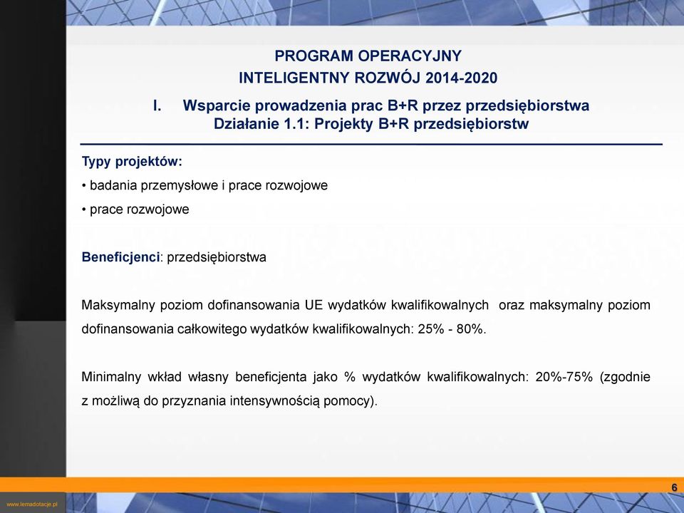 wydatków kwalifikowalnych oraz maksymalny poziom dofinansowania całkowitego wydatków kwalifikowalnych: 25% - 80%