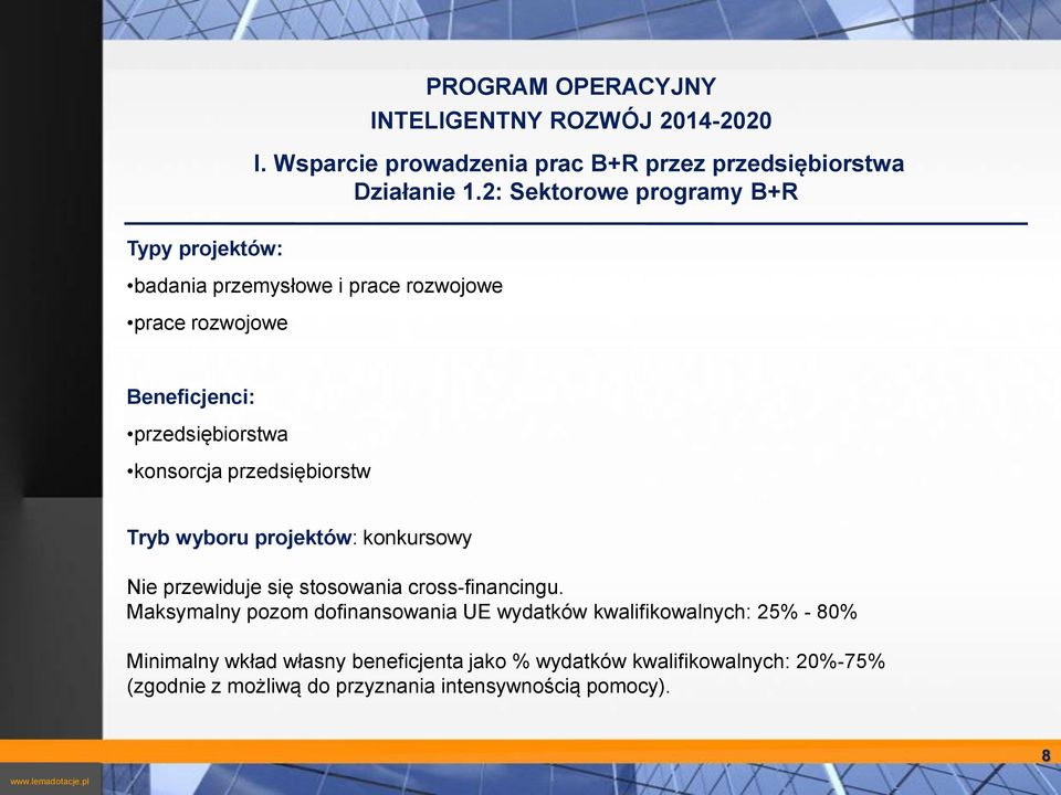 konkursowy Nie przewiduje się stosowania cross-financingu Maksymalny pozom dofinansowania UE wydatków kwalifikowalnych: 25% -