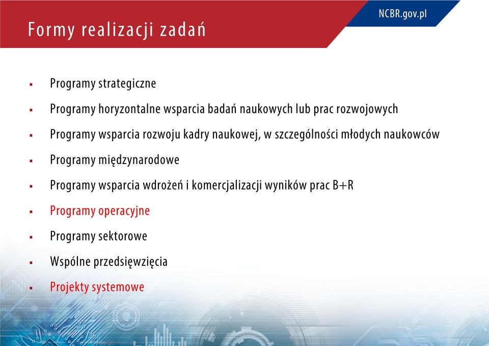 młodych naukowców Programy międzynarodowe Programy wsparcia wdrożeń i komercjalizacji