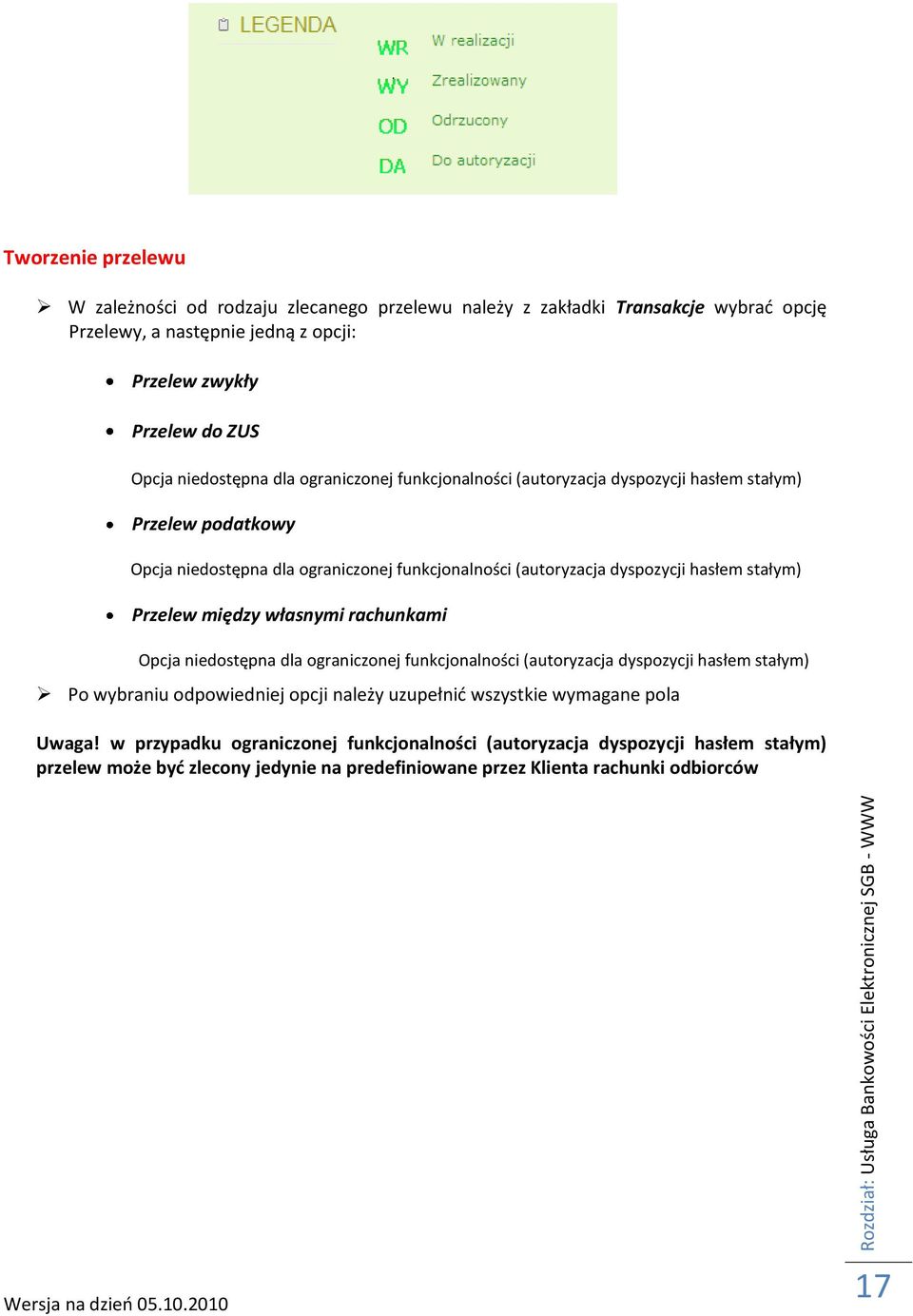 stałym) Przelew między własnymi rachunkami Opcja niedostępna dla ograniczonej funkcjonalności (autoryzacja dyspozycji hasłem stałym) Po wybraniu odpowiedniej opcji należy uzupełnid