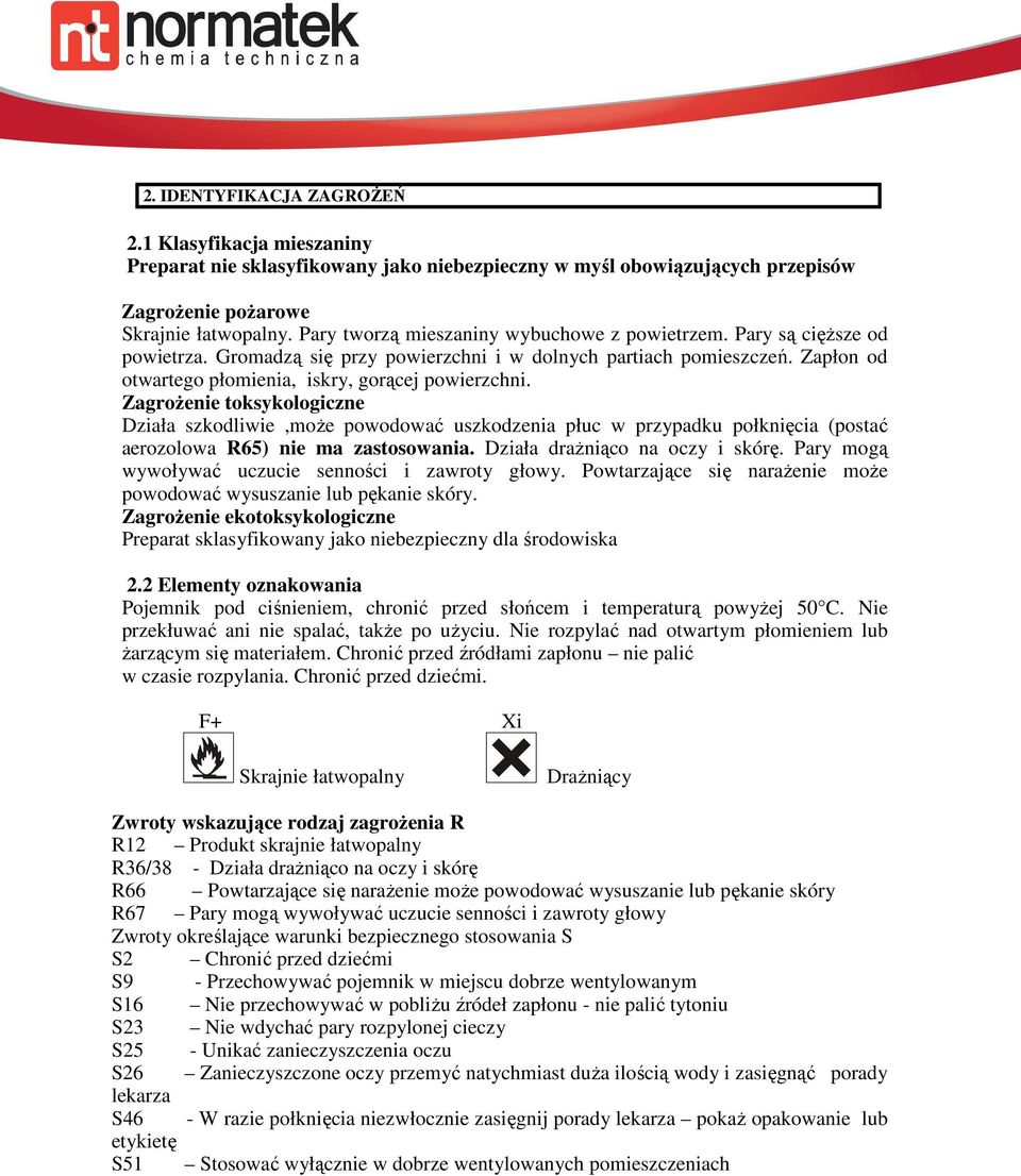 Zagrożenie toksykologiczne Działa szkodliwie,może powodować uszkodzenia płuc w przypadku połknięcia (postać aerozolowa R65) nie ma zastosowania. Działa drażniąco na oczy i skórę.
