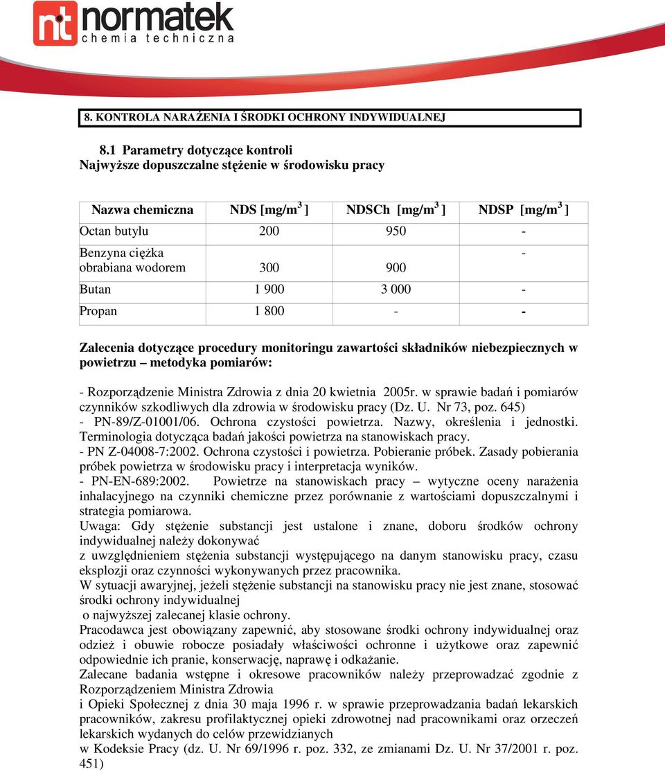 300 900 Butan 1 900 3 000 - Propan 1 800 - - Zalecenia dotyczące procedury monitoringu zawartości składników niebezpiecznych w powietrzu metodyka pomiarów: - Rozporządzenie Ministra Zdrowia z dnia 20