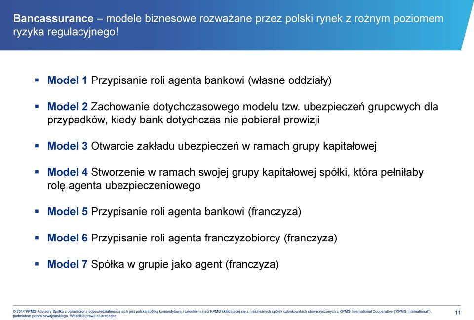 ubezpieczeń grupowych dla przypadków, kiedy bank dotychczas nie pobierał prowizji Model 3 Otwarcie zakładu ubezpieczeń w ramach grupy kapitałowej Model 4