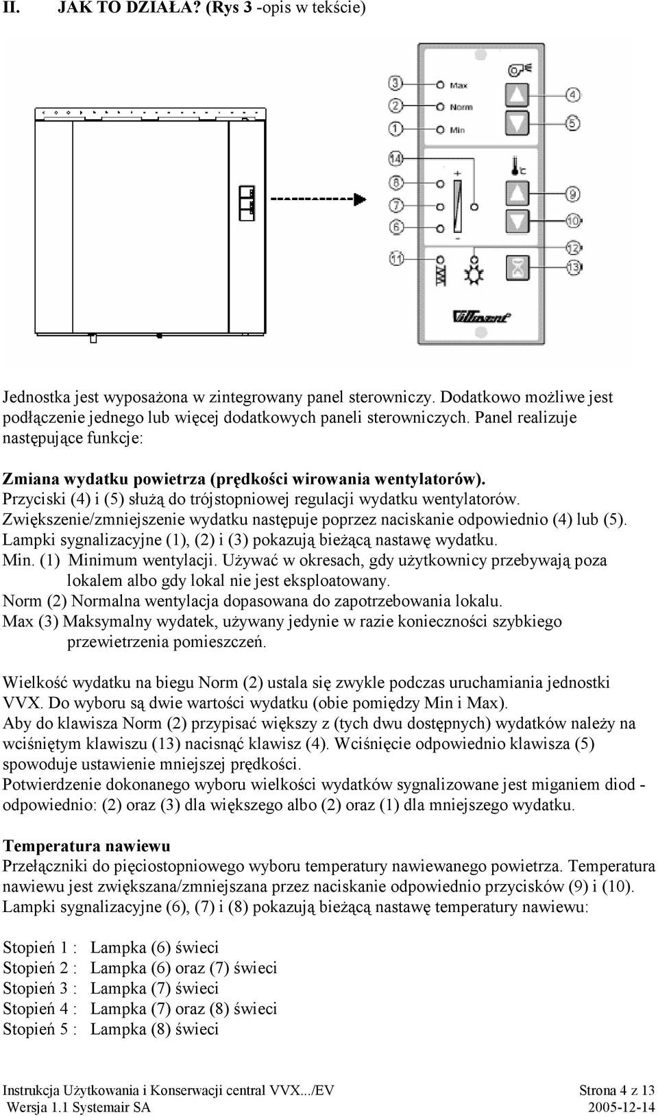 Zwiększenie/zmniejszenie wydatku następuje poprzez naciskanie odpowiednio (4) lub (5). Lampki sygnalizacyjne (1), (2) i (3) pokazują bieżącą nastawę wydatku. Min. (1) Minimum wentylacji.