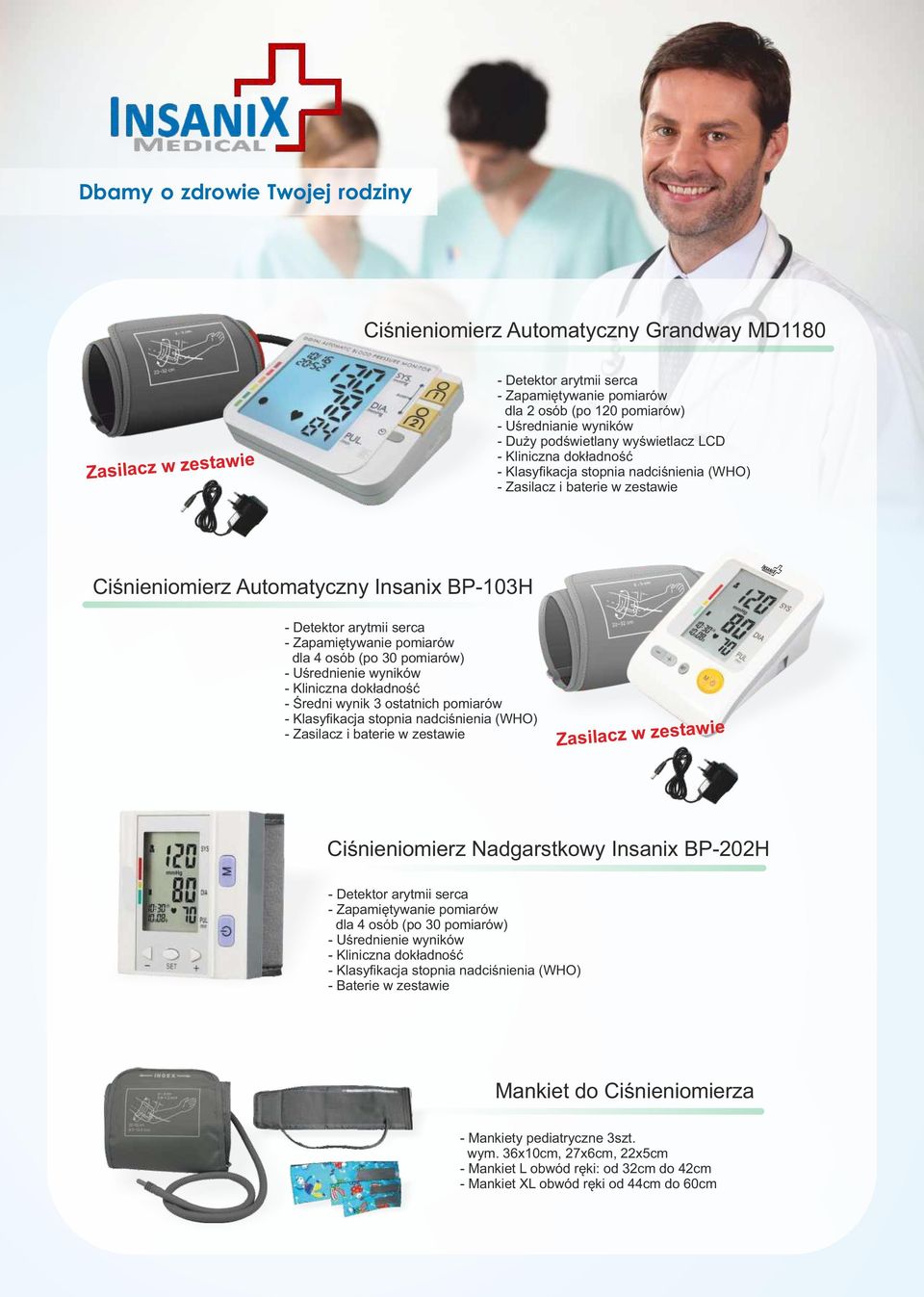 - Zapamiętywanie pomiarów dla 4 osób (po 30 pomiarów) - Uśrednienie wyników - Kliniczna dokładność - Średni wynik 3 ostatnich pomiarów - Klasyfikacja stopnia nadciśnienia (WHO) - Zasilacz i baterie w