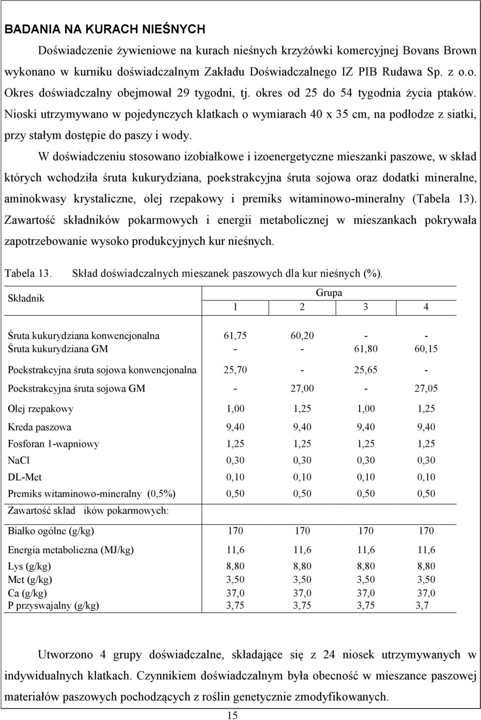 W doświadczeniu stosowano izobiałkowe i izoenergetyczne mieszanki paszowe, w skład których wchodziła śruta kukurydziana, poekstrakcyjna śruta sojowa oraz dodatki mineralne, aminokwasy krystaliczne,