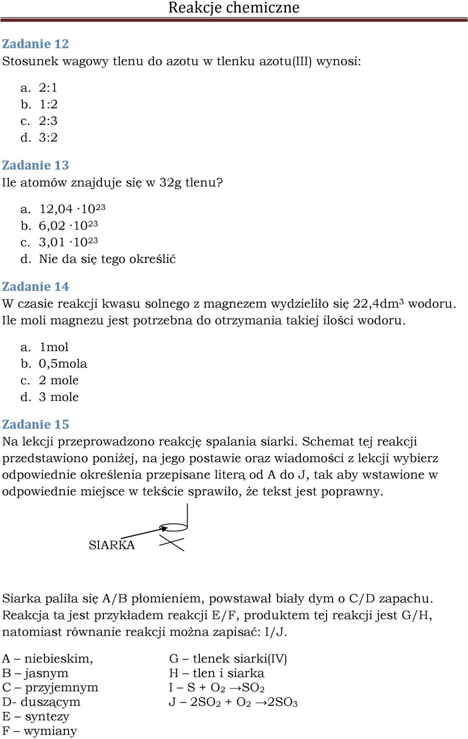 2 mole d. 3 mole Zadanie 15 Na lekcji przeprowadzono reakcję spalania siarki.