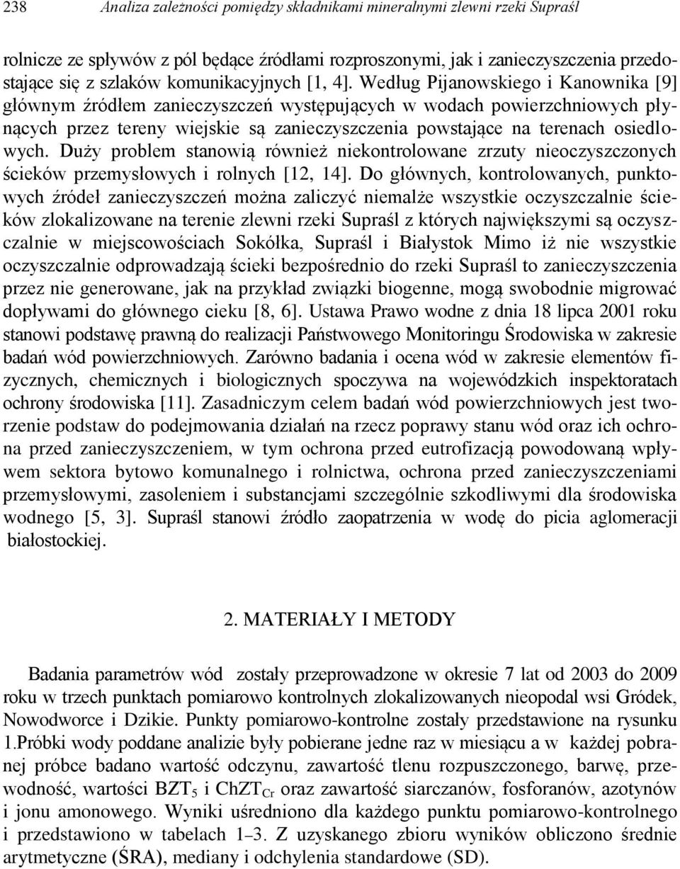 Według Pijanowskiego i Kanownika [9] głównym źródłem zanieczyszczeń występujących w wodach powierzchniowych płynących przez tereny wiejskie są zanieczyszczenia powstające na terenach osiedlowych.