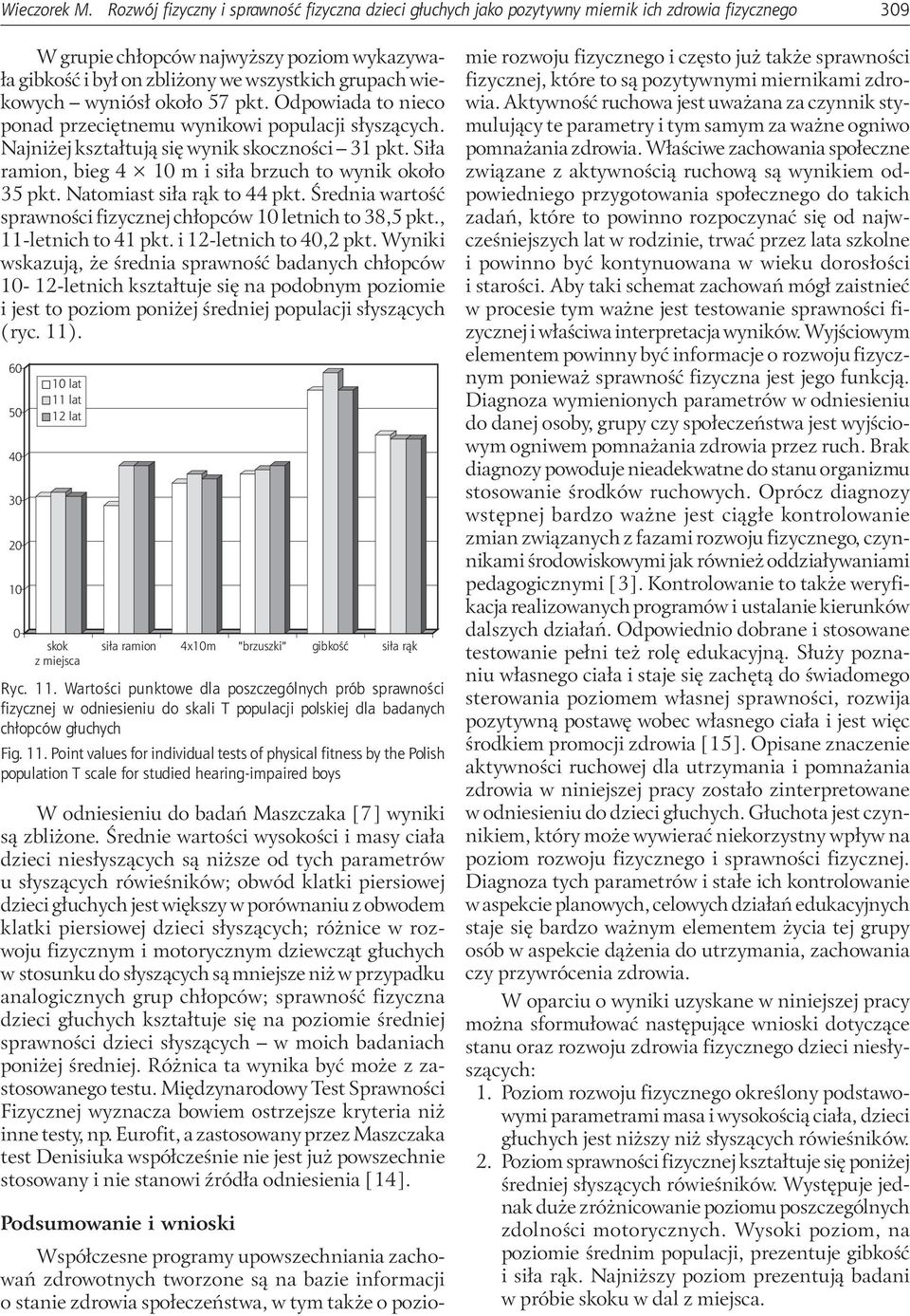 wiekowych wyniósł około 57 pkt. Odpowiada to nieco ponad przeciętnemu wynikowi populacji słyszących. Najniżej kształtują się wynik skoczności 31 pkt.