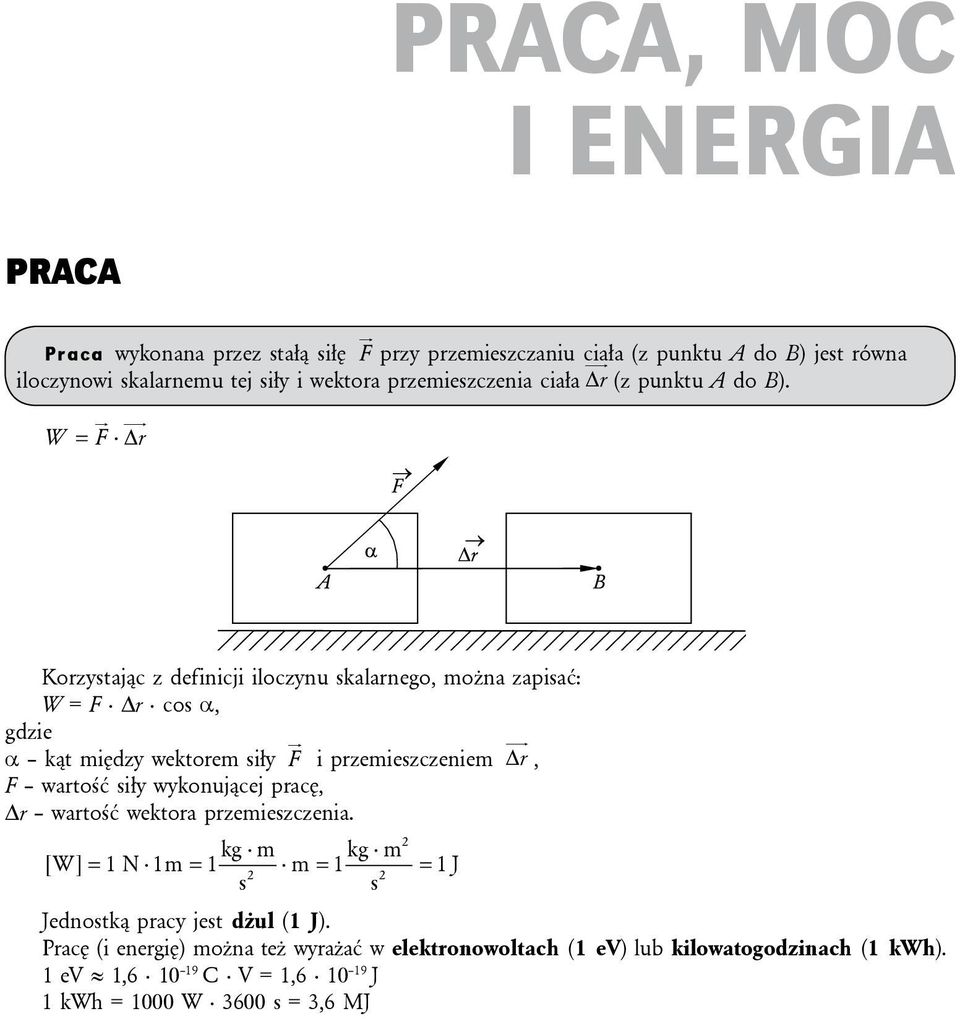 W = F Dr Korzystając z defiicji iloczyu skalarego, moża zapisać: W = F r cos α, gdzie α kąt między wektorem siły F i przemieszczeiem F wartość siły