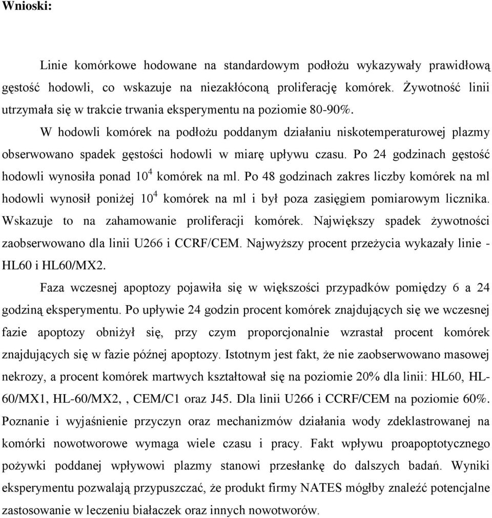 W hodowli komórek na podłożu poddanym działaniu niskotemperaturowej plazmy obserwowano spadek gęstości hodowli w miarę upływu czasu. Po 24 godzinach gęstość hodowli wynosiła ponad 10 4 komórek na ml.
