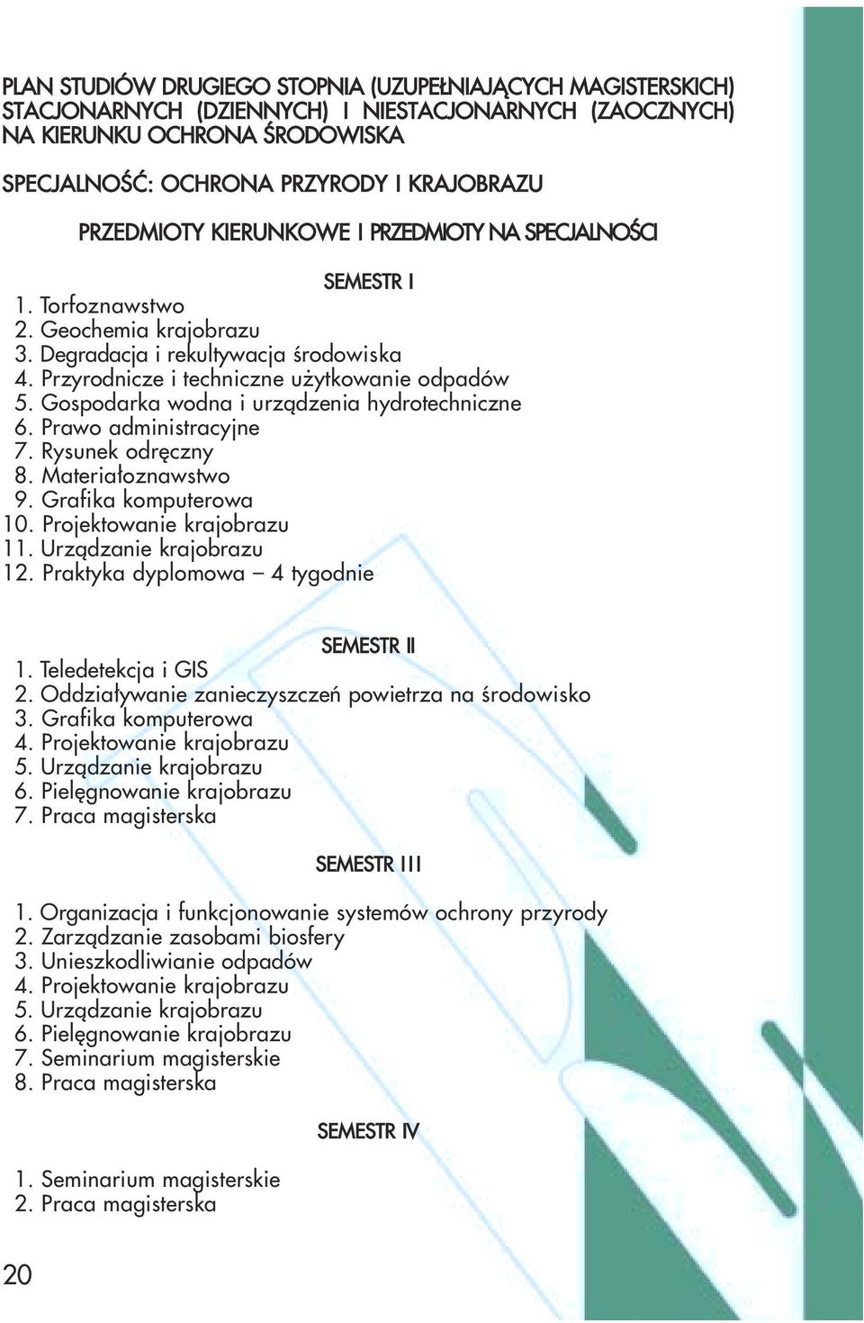 Gospodarka wodna i urządzenia hydrotechniczne 6. Prawo administracyjne 7. Rysunek odręczny 8. Materiałoznawstwo 9. Grafika komputerowa 10. Projektowanie krajobrazu 11. Urządzanie krajobrazu 12.