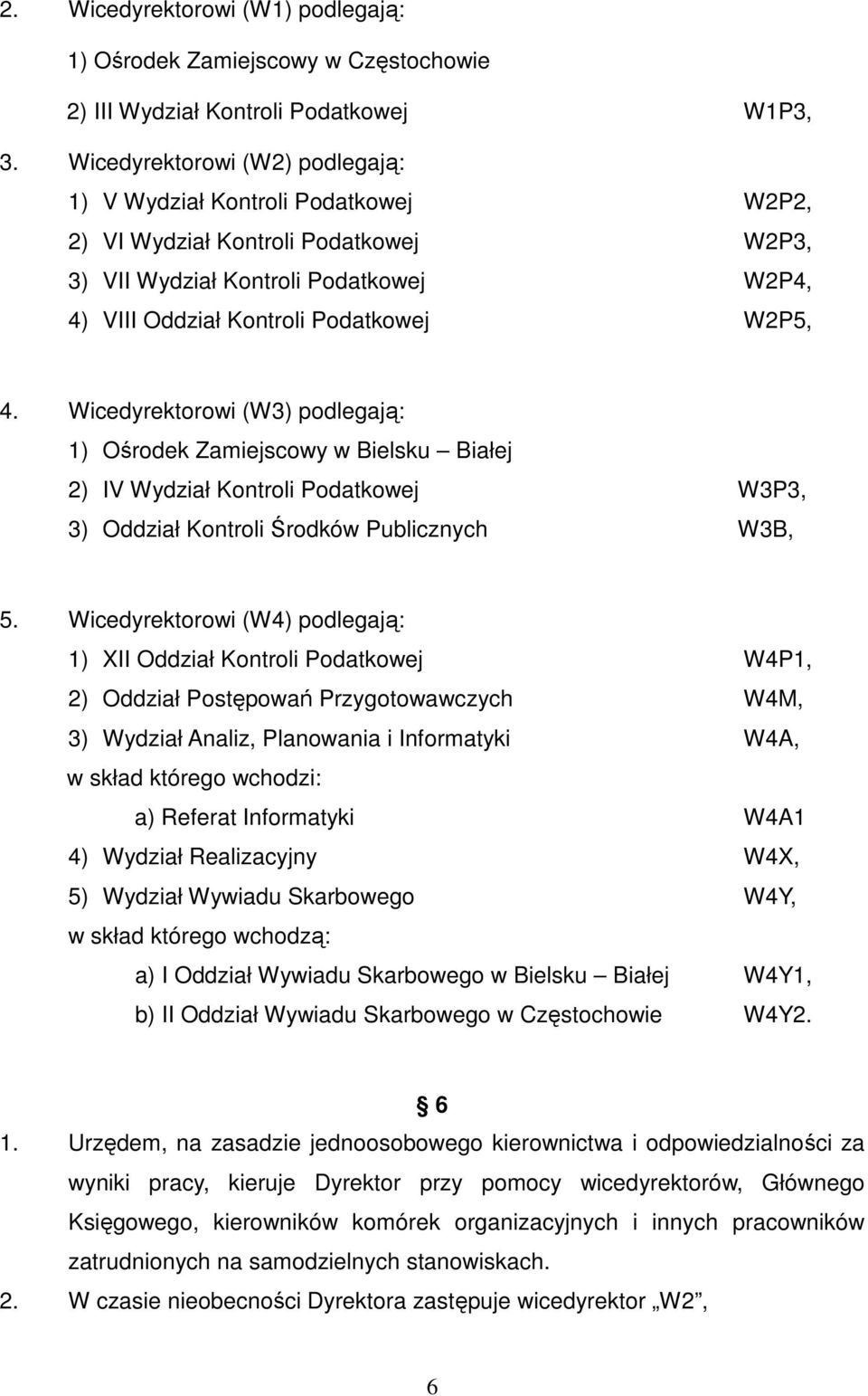 Wicedyrektorowi (W3) podlegają: 1) Ośrodek Zamiejscowy w Bielsku Białej 2) IV Wydział Kontroli Podatkowej W3P3, 3) Oddział Kontroli Środków Publicznych W3B, 5.