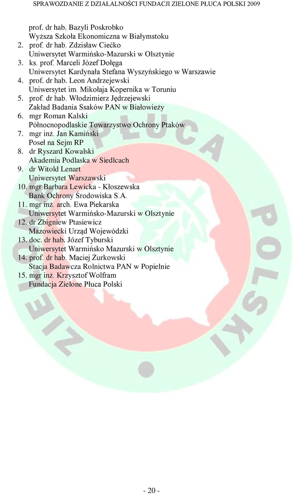 mgr Roman Kalski Północnopodlaskie Towarzystwo Ochrony Ptaków 7. mgr inż. Jan Kamiński Poseł na Sejm RP 8. dr Ryszard Kowalski Akademia Podlaska w Siedlcach 9.