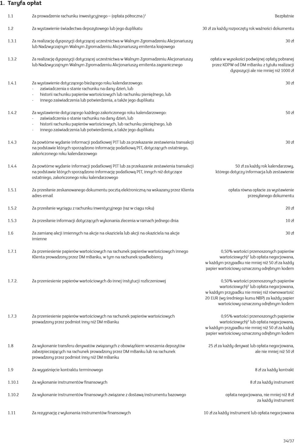 4.1 Za wystawienie dotyczącego bieżącego roku kalendarzowego: - zaświadczenia o stanie rachunku na dany dzień, lub - historii rachunku papierów wartościowych lub rachunku pieniężnego, lub - innego