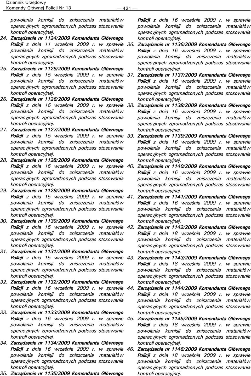 Zarządzenie nr 1131/2009 Komendanta Głównego 32. Zarządzenie nr 1132/2009 Komendanta Głównego 33. Zarządzenie nr 1133/2009 Komendanta Głównego 34. Zarządzenie nr 1134/2009 Komendanta Głównego 35.
