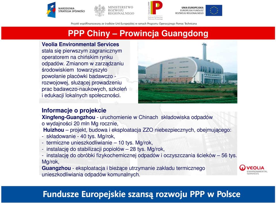 Informacje o projekcie Xingfeng-Guangzhou - uruchomienie w Chinach składowiska odpadów o wydajności 20 mln Mg rocznie, Huizhou projekt, budowa i eksploatacja ZZO niebezpiecznych, obejmującego: -