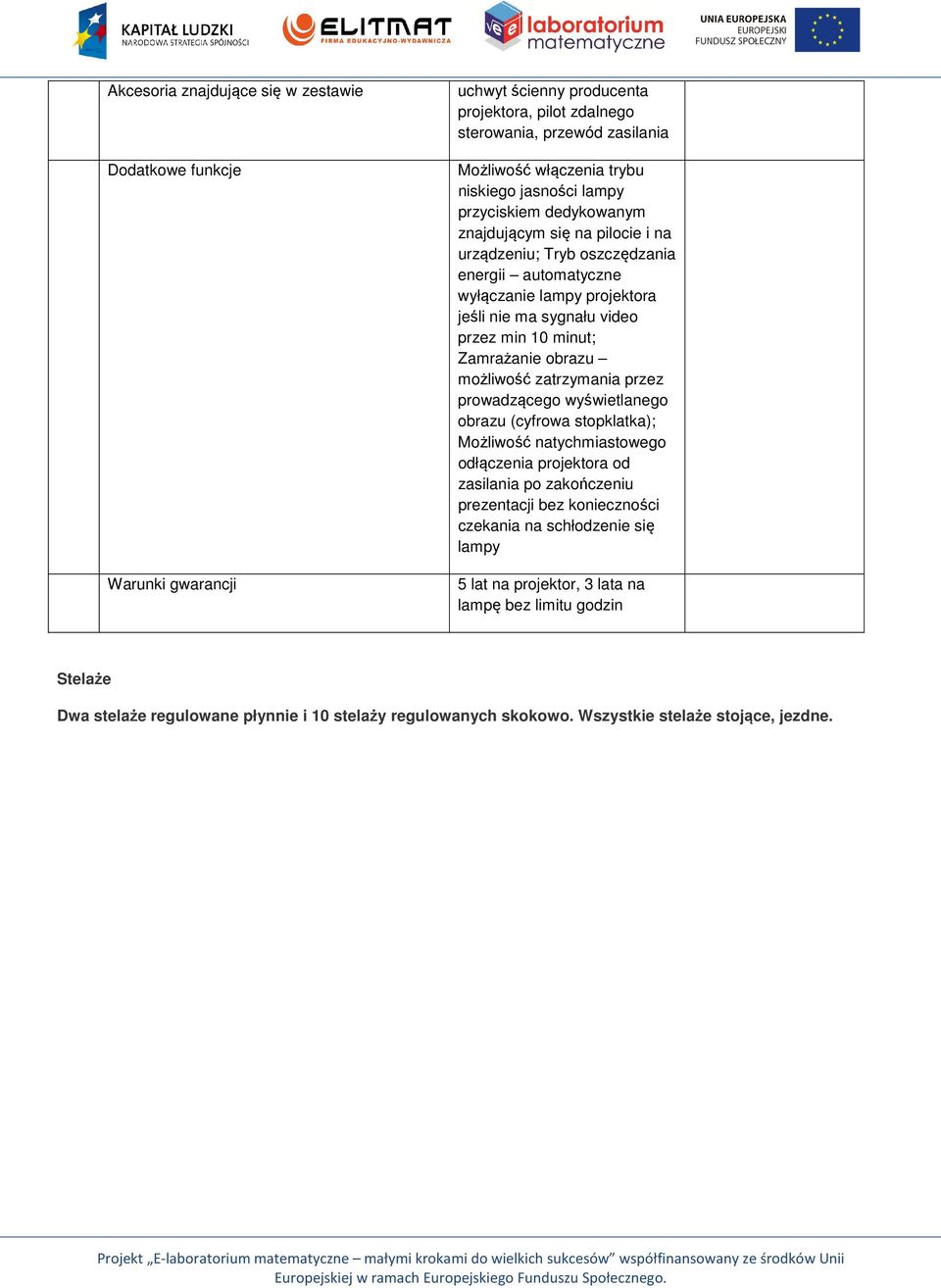 Zamrażanie obrazu możliwość zatrzymania przez prowadzącego wyświetlanego obrazu (cyfrowa stopklatka); Możliwość natychmiastowego odłączenia projektora od zasilania po zakończeniu prezentacji bez