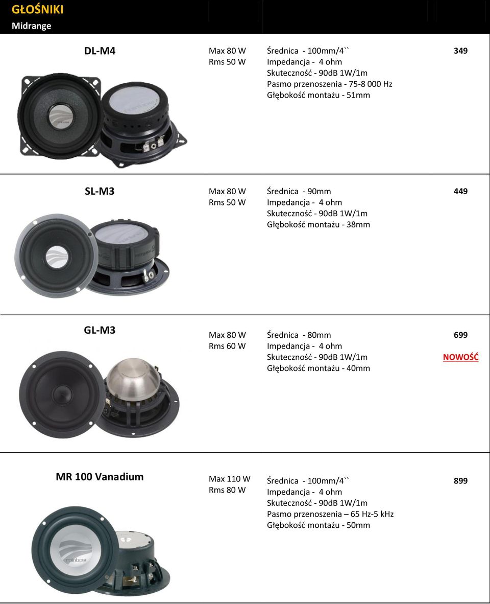 38mm 449 GL-M3 Max 80 W Rms 60 W Średnica - 80mm Głębokość montażu - 40mm 699 MR 100 Vanadium