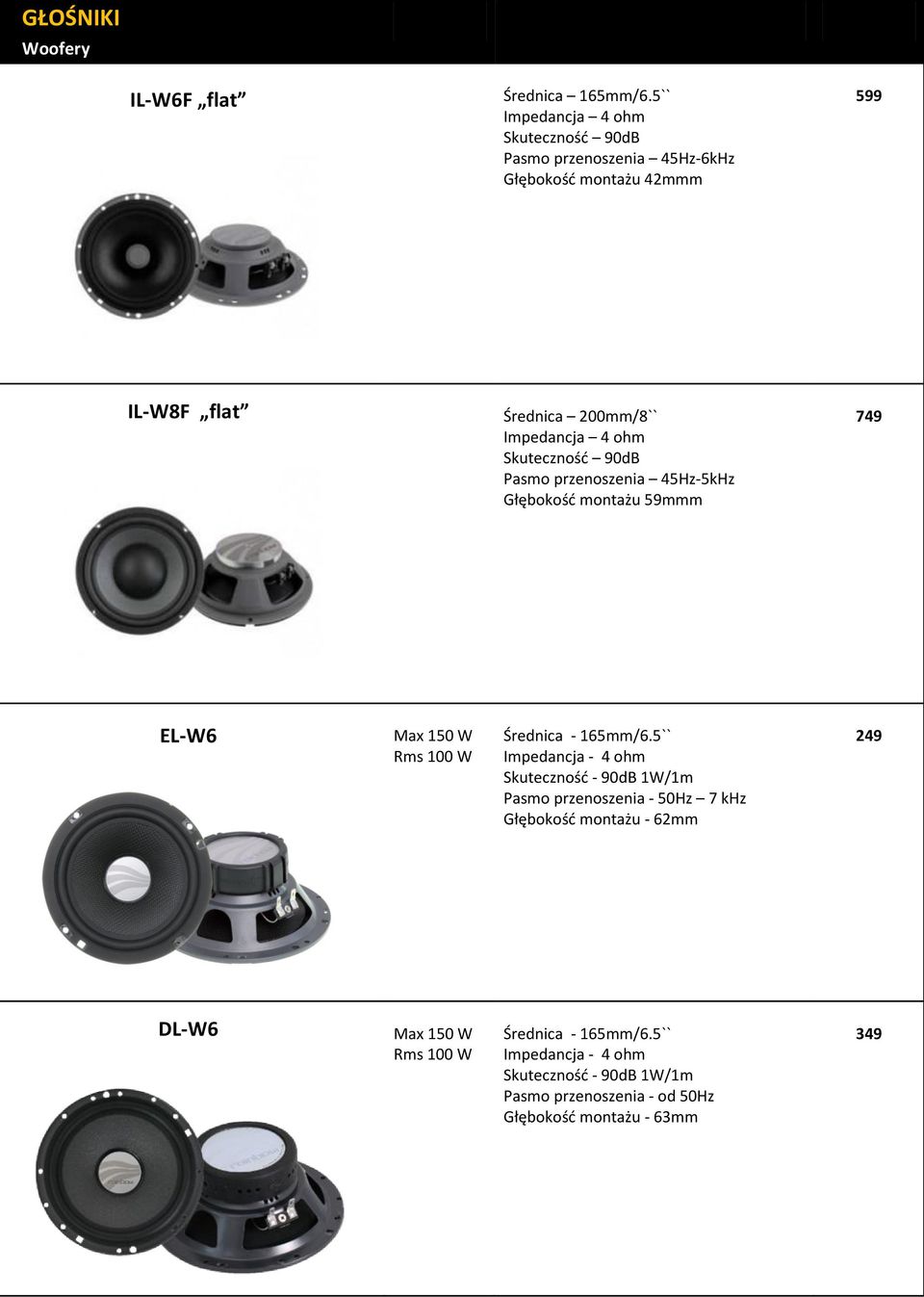 Średnica 200mm/8`` Impedancja 4 ohm Skuteczność 90dB Pasmo przenoszenia 45Hz-5kHz Głębokość montażu 59mmm 749