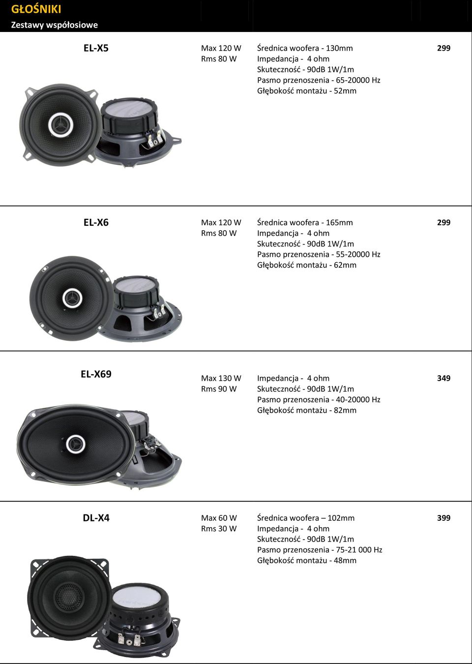 Głębokość montażu - 62mm 299 EL-X69 Max 130 W Rms 90 W Pasmo przenoszenia - 40-20000 Hz Głębokość montażu - 82mm