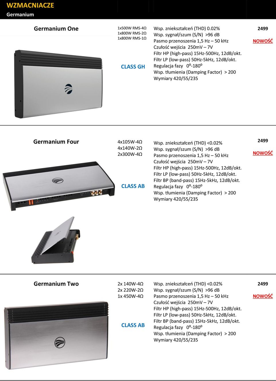 tłumienia (Damping Factor) > 200 Wymiary 420/55/235 2499 Germanium Four 4x105W-4Ω 4x140W-2Ω 2x300W-4Ω CLASS AB Wsp. zniekształceń (THD) <0.02% Wsp.