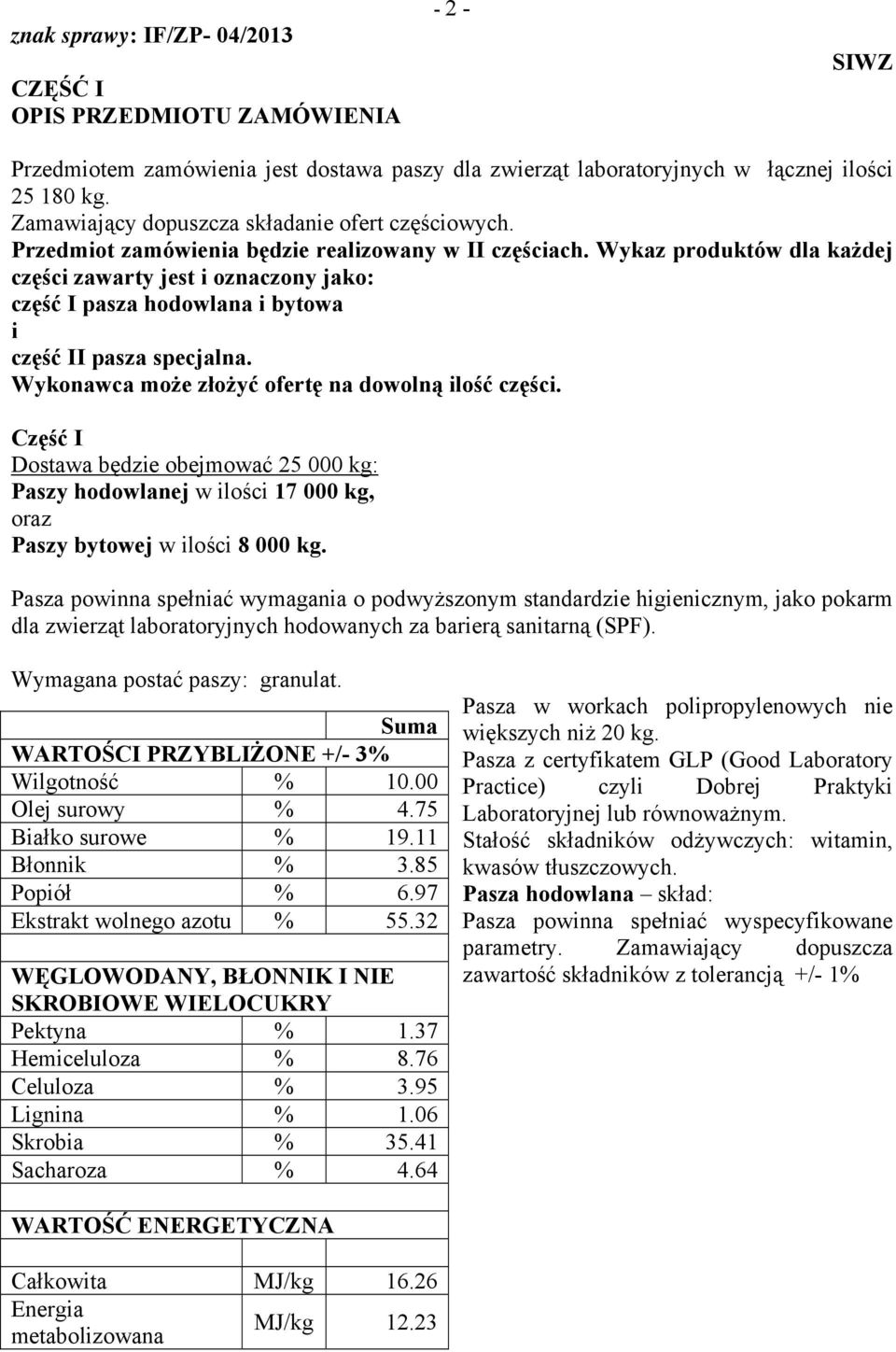 Wykonawca może złożyć ofertę na dowolną ilość części. Część I Dostawa będzie obejmować 25 000 kg: Paszy hodowlanej w ilości 17 000 kg, oraz Paszy bytowej w ilości 8 000 kg.