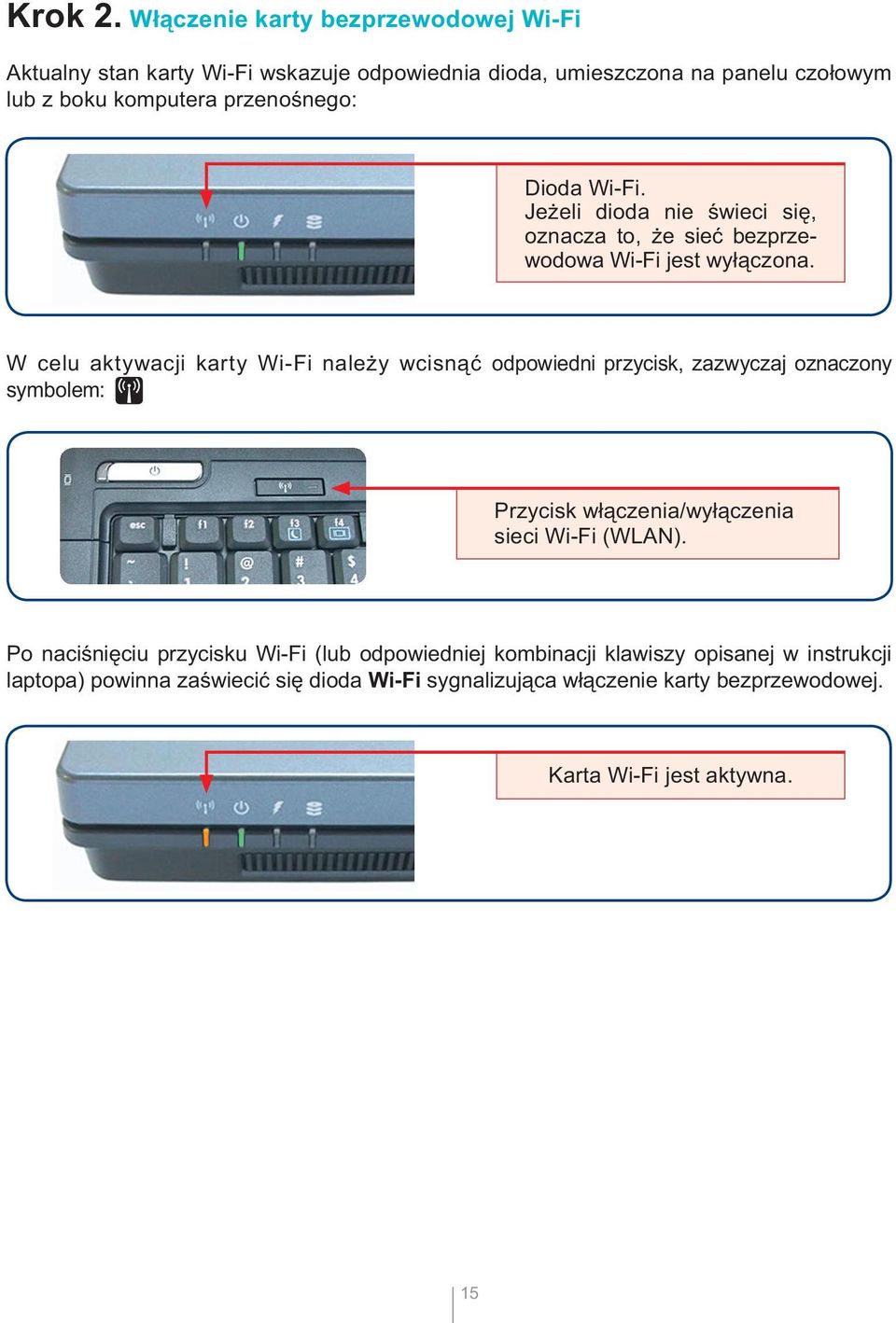 przenośnego: Dioda Wi-Fi. Jeżeli dioda nie świeci się, oznacza to, że sieć bezprzewodowa Wi-Fi jest wyłączona.