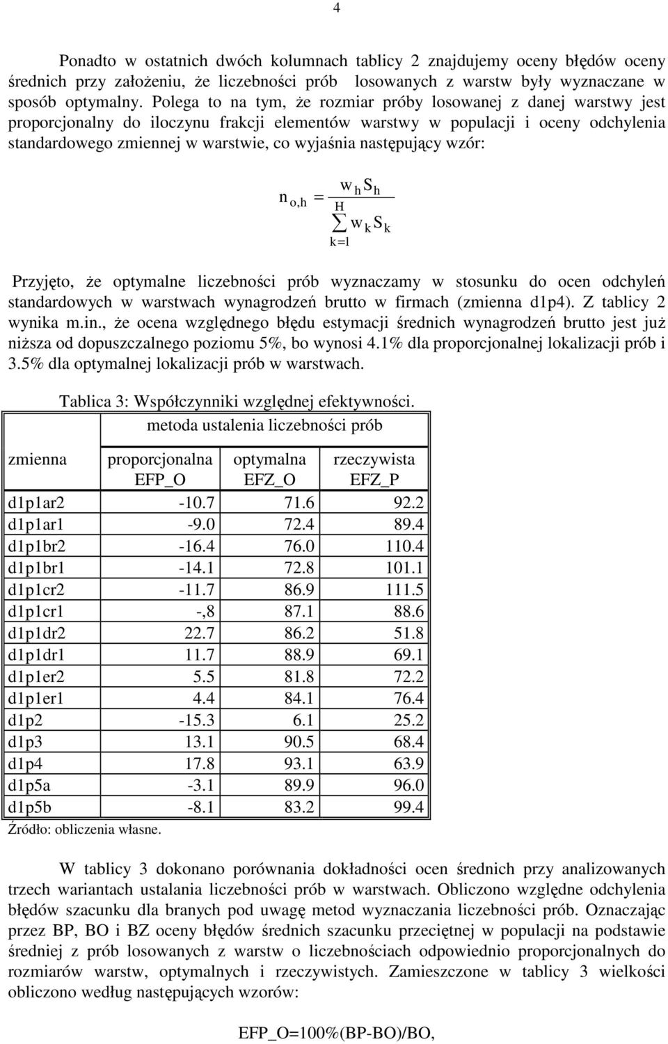 następujący wzór: n o, = w S k= w S k k Przyjęto, Ŝe optymalne liczebności prób wyznaczamy w stosunku do ocen odcyleń standardowyc w warstwac wynagrodzeń brutto w firmac (zmienna dp4).