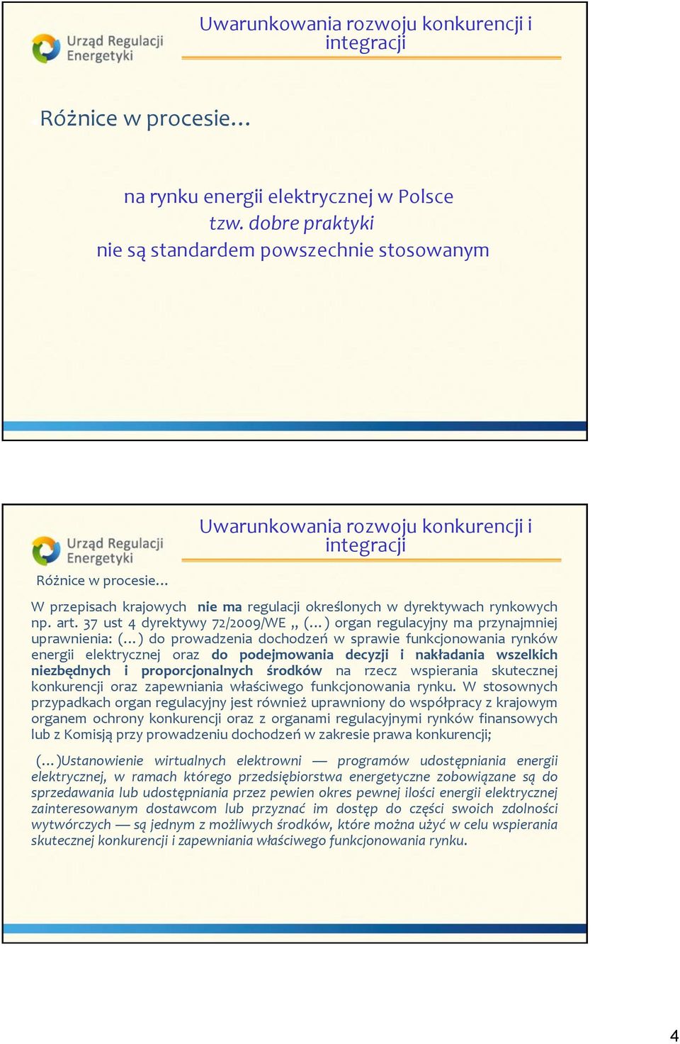 37 ust 4 dyrektywy 72/2009/WE ( ) organ regulacyjny ma przynajmniej uprawnienia: ( ) do prowadzenia dochodzeń w sprawie funkcjonowania rynków energii elektrycznej oraz do podejmowania decyzji i