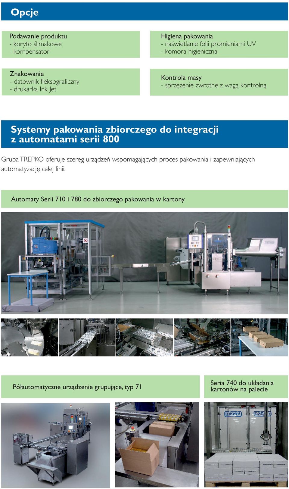 integracji z automatami serii 800 Grupa TREPKO oferuje szereg urządzeń wspomagających proces pakowania i zapewniających automatyzację całej