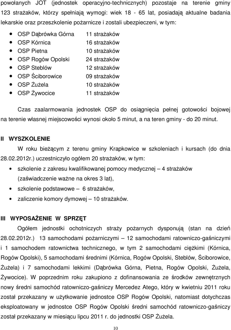 strażaków 12 strażaków 09 strażaków 10 strażaków 11 strażaków Czas zaalarmowania jednostek OSP do osiągnięcia pełnej gotowości bojowej na terenie własnej miejscowości wynosi około 5 minut, a na teren