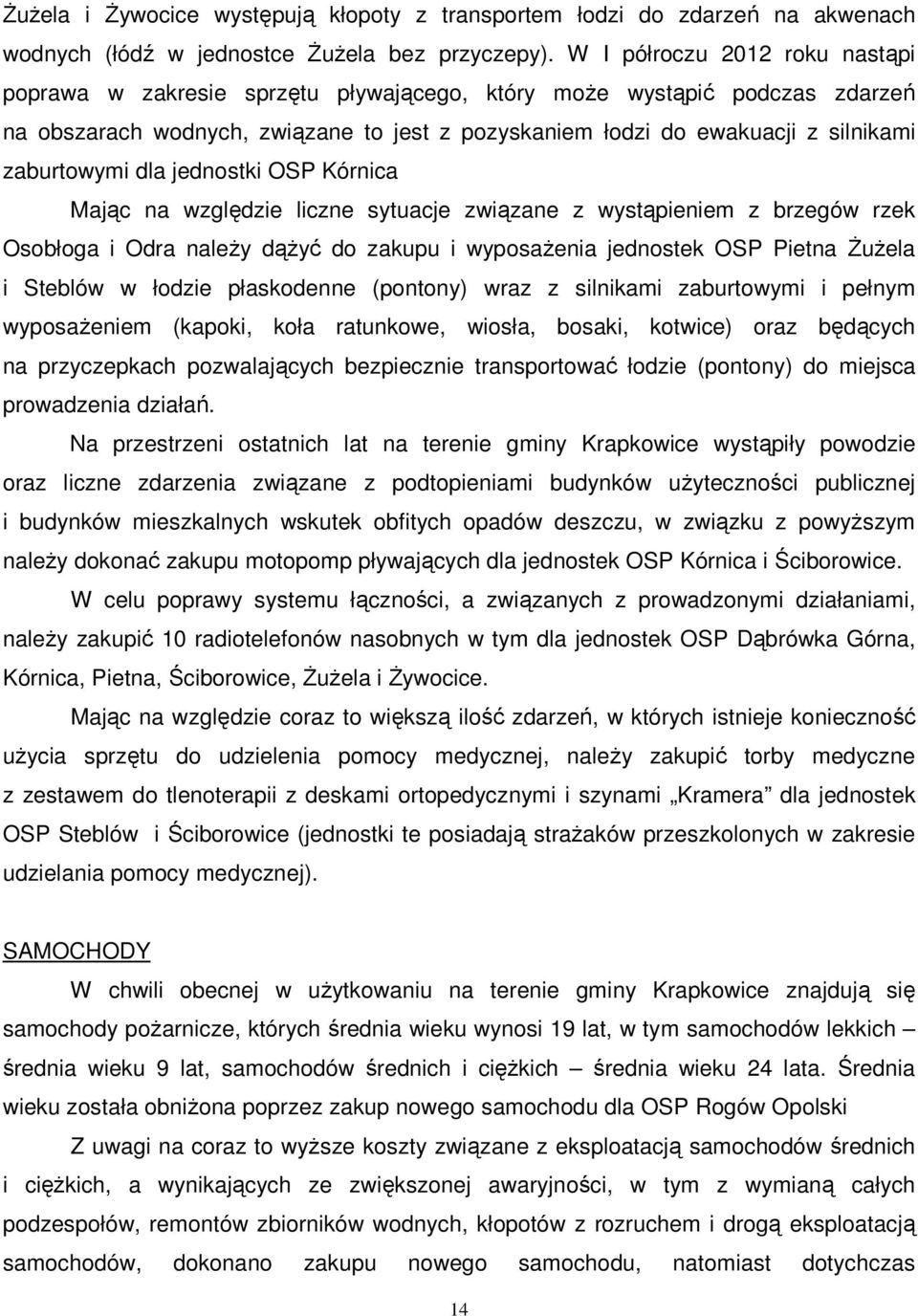 zaburtowymi dla jednostki OSP Kórnica Mając na względzie liczne sytuacje związane z wystąpieniem z brzegów rzek Osobłoga i Odra należy dążyć do zakupu i wyposażenia jednostek OSP Pietna Żużela i