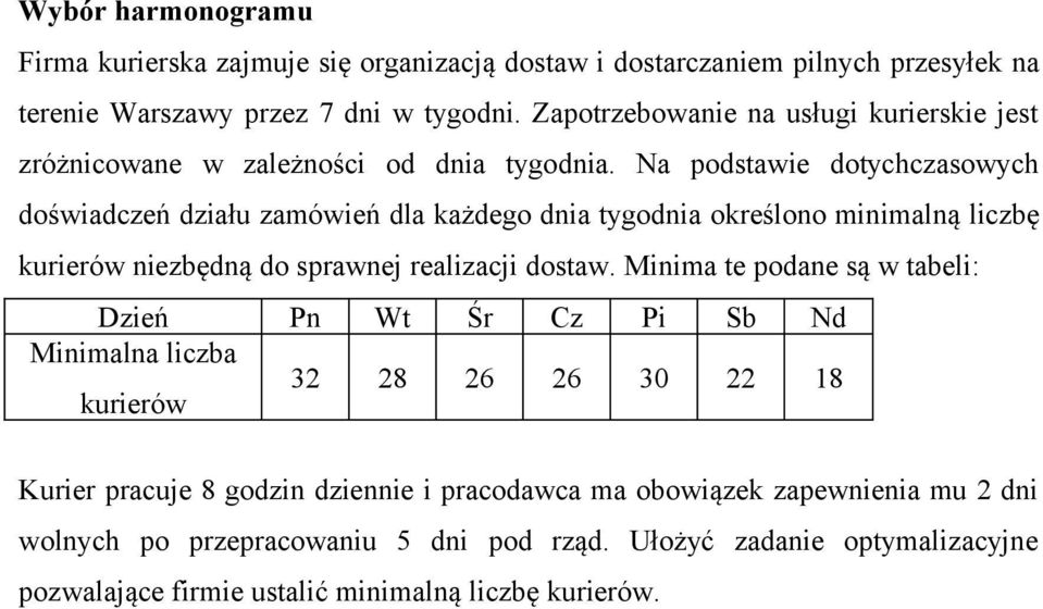 Na podstawie dotychczasowych doświadczeń działu zamówień dla każdego dnia tygodnia określono minimalną liczbę kurierów niezbędną do sprawnej realizacji dostaw.