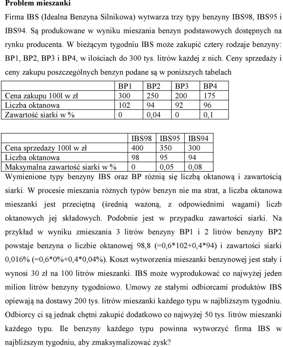 Ceny sprzedaży i ceny zakupu poszczególnych benzyn podane są w poniższych tabelach BP1 BP2 BP3 BP4 Cena zakupu 100l w zł 300 250 200 175 Liczba oktanowa 102 94 92 96 Zawartość siarki w % 0 0,04 0 0,1