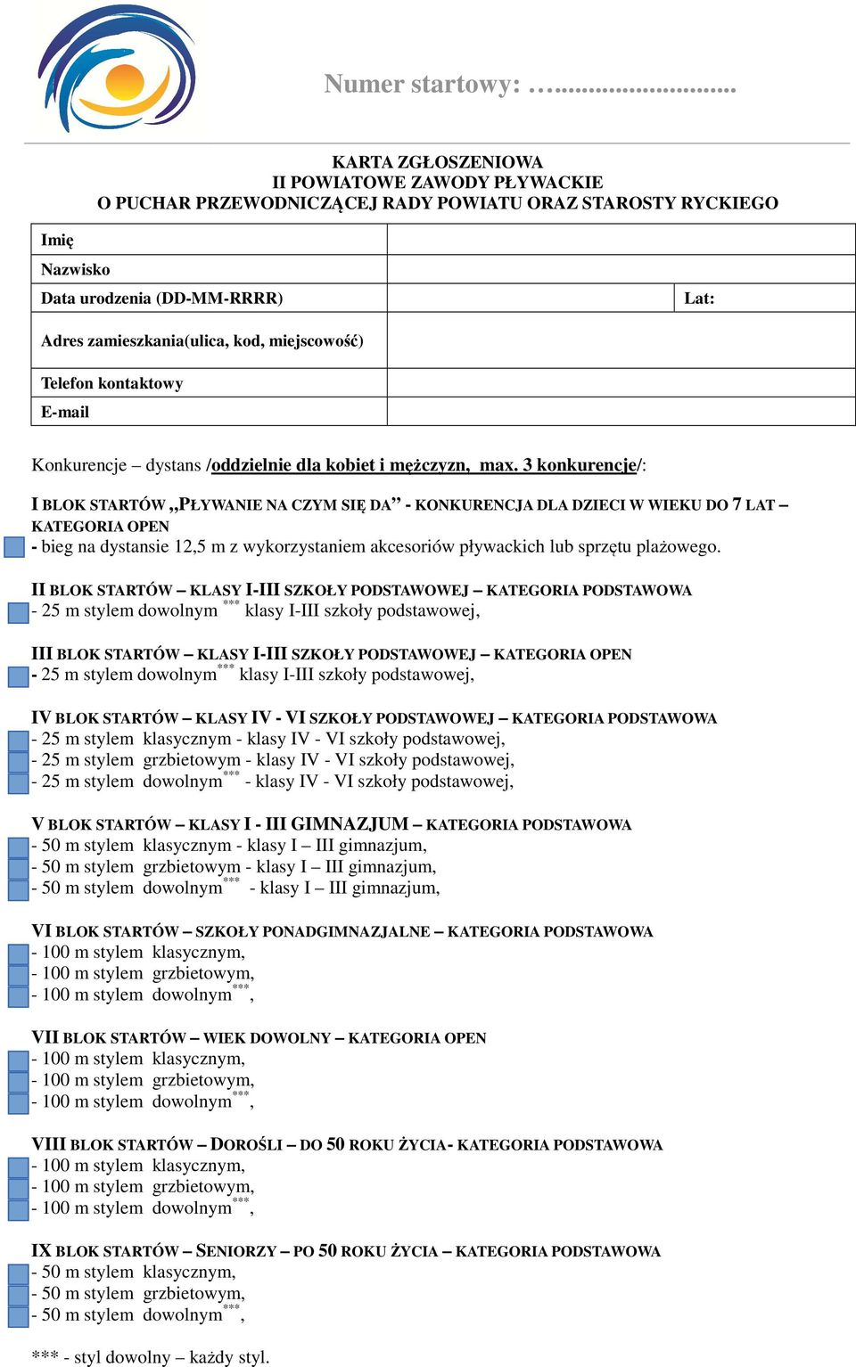 miejscowość) Telefon kontaktowy E-mail Konkurencje dystans /oddzielnie dla kobiet i mężczyzn, max.